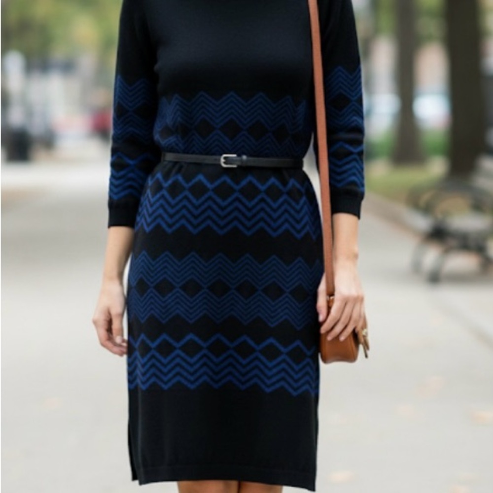 Max Studio Belted Knit Sweater Midi Dress Geometric Long Sleeves Black Blue M